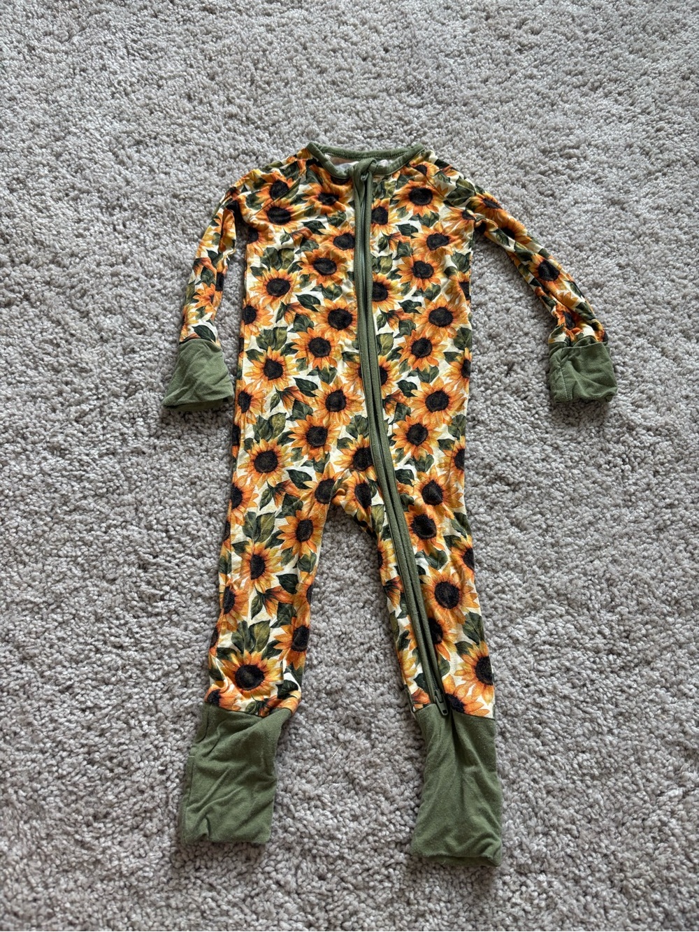 Sunflower Print Kids Footed Pajamas with Olive Trim